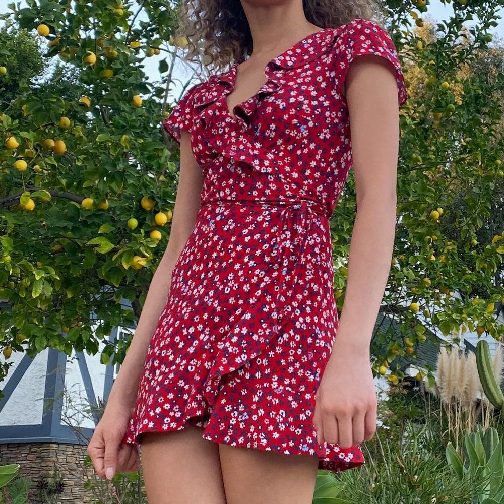 Aritzia Sunday Best Ruffle Wrap Dress, red floral, size small